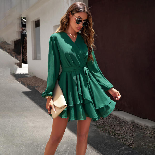 Surplice Neck Tie Belt Ruffle Mini Dress