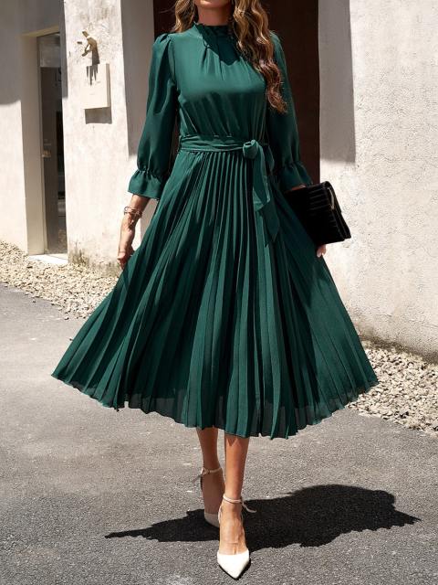 Round Neck Long Sleeve Pleated Hem Belted Dress