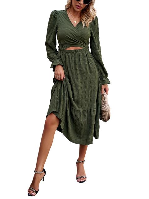 V Neck Long Sleeve Front Cutout Self-Tie Midi Dress