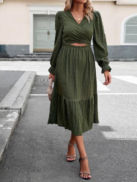 V Neck Long Sleeve Front Cutout Self-Tie Midi Dress