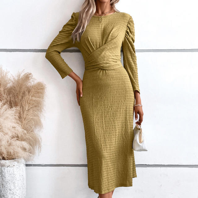 Round Neck Puff Sleeve Back Tied Dress