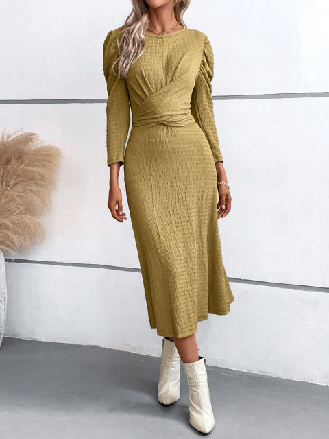 Round Neck Puff Sleeve Back Tied Dress