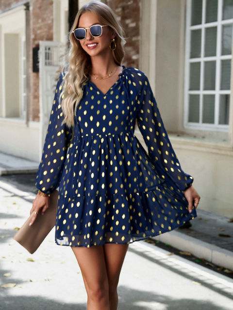 V Neck Polka Dot Tiered Mini Dress