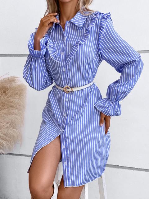 Striped Print Ruffle Trim Shirt Short Dress Without Belt