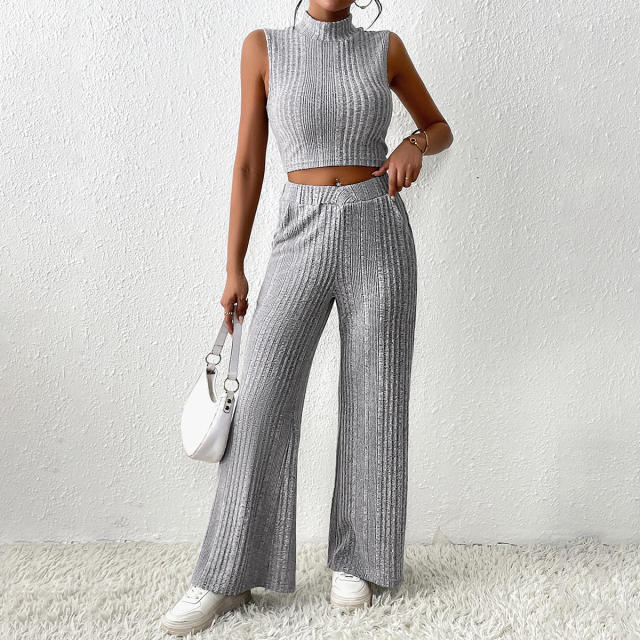 Mock Neck Sleeveless Tee &amp; Wide Leg Pants