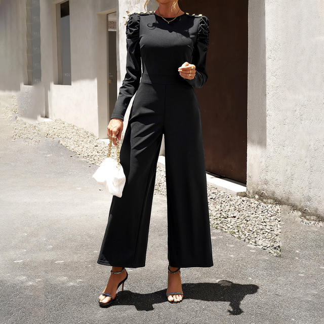 Button Puff Sleeve Wide Leg Jumpsuit