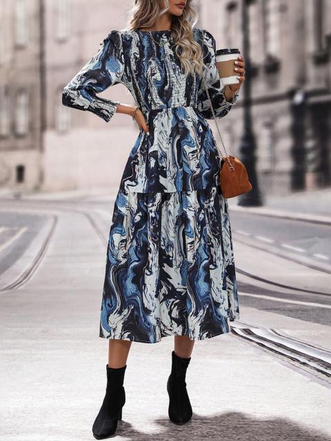 Casual Round Neck Print Midi Dress