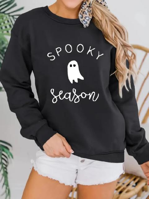Crew Neck Halloween Ghost Print Sweatshirt