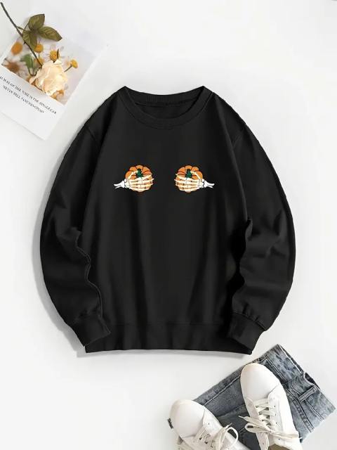 Halloween Skull Hand &amp; Pumpkin Print Sweatshirt