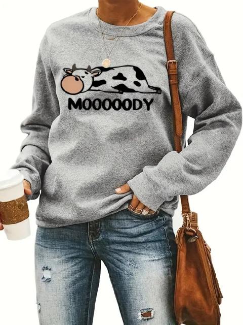 Loose Casual Moody Cow Print Sweatshirt