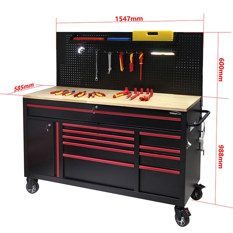 61 Inch Tool Cart with Back Hanging Board (10 drawers)