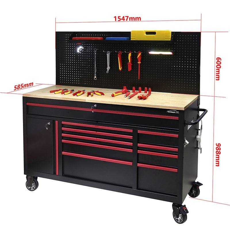 61 Inch Tool Cart with Back Hanging Board (10 drawers)