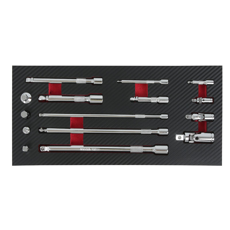 15Pcs Wobble Extension Bar Set with Tool Tray 1/4", 3/8" & 1/2" Sq Drive