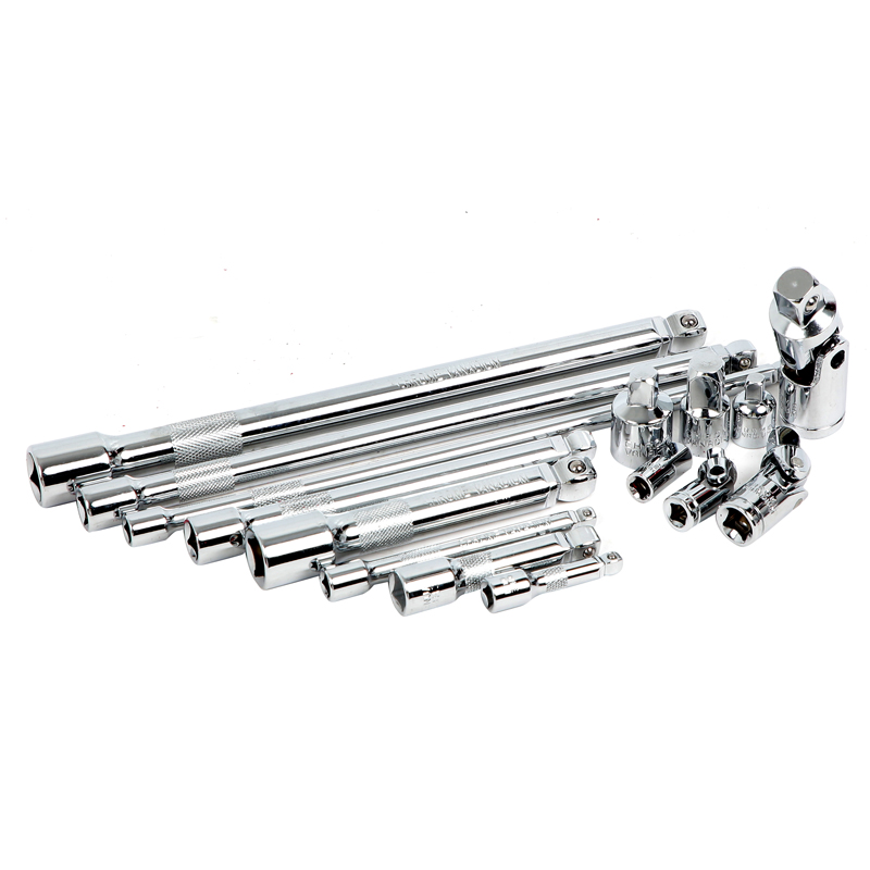 15Pcs Wobble Extension Bar Set with Tool Tray 1/4", 3/8" & 1/2" Sq Drive
