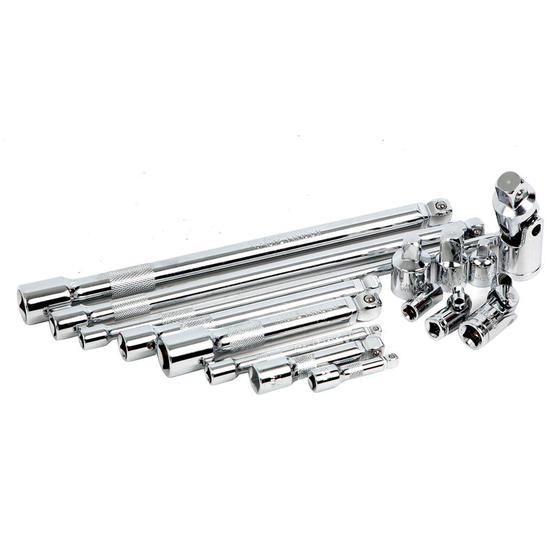15Pcs Wobble Extension Bar Set with Tool Tray 1/4", 3/8" & 1/2" Sq Drive