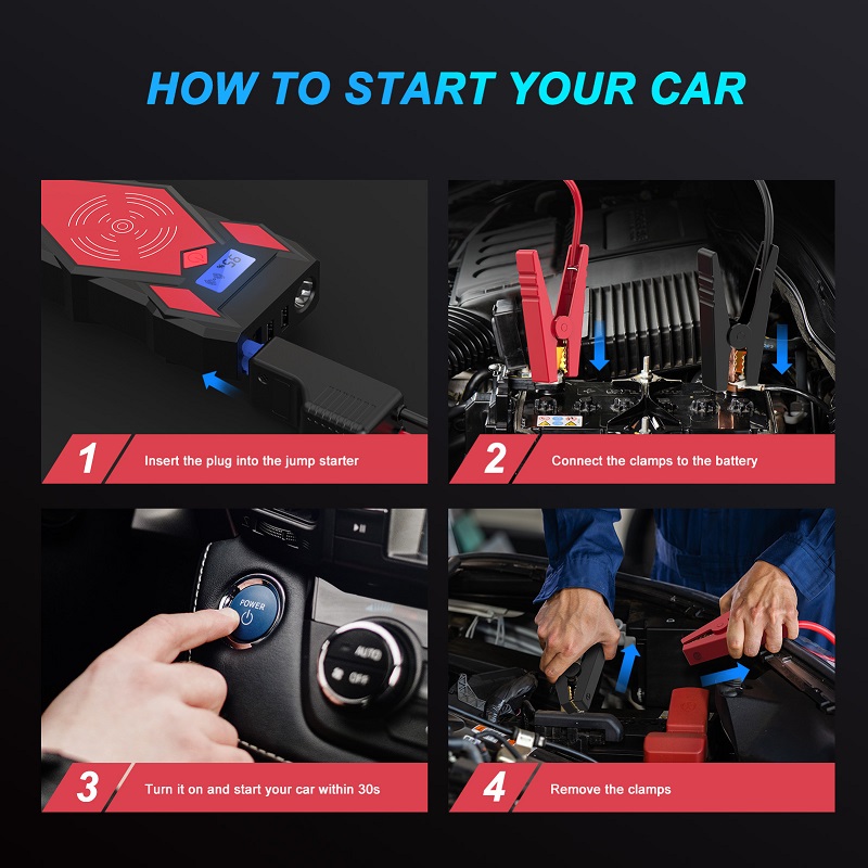 Automobile battery power supply portable car jump starter power bank with smartphone qi wireless charger