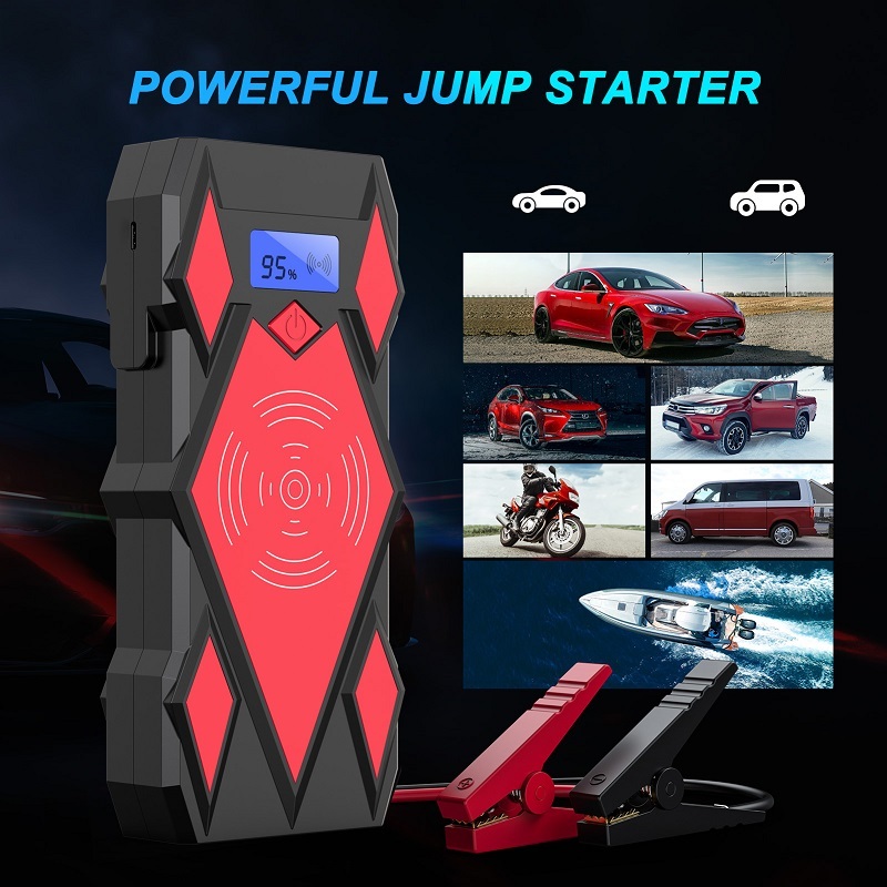 Automobile battery power supply portable car jump starter power bank with smartphone qi wireless charger