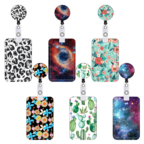 Floral Cactus Leopard-print Starry Sky Butterfly Color Print Telescopic Buckle Mobile Phone Id Buckle Lanyard Card Cover
