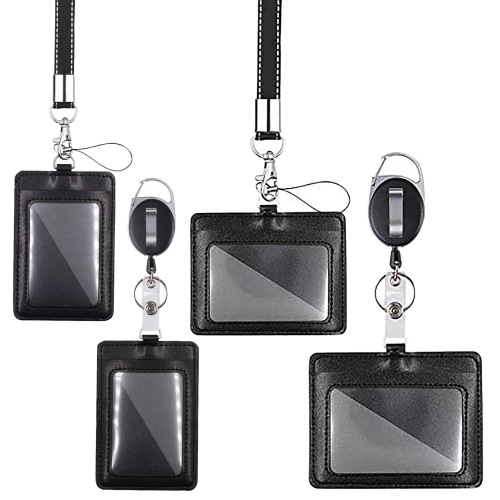 Solid Lanyard Black Oval Zinc Alloy Retractable High Resilience Easy Pull Buckle Pu Leather Easy Pull Id Card Sleeve
