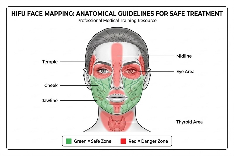 HIFU facial mapping and safe treatment zones for 4.5mm cartridge