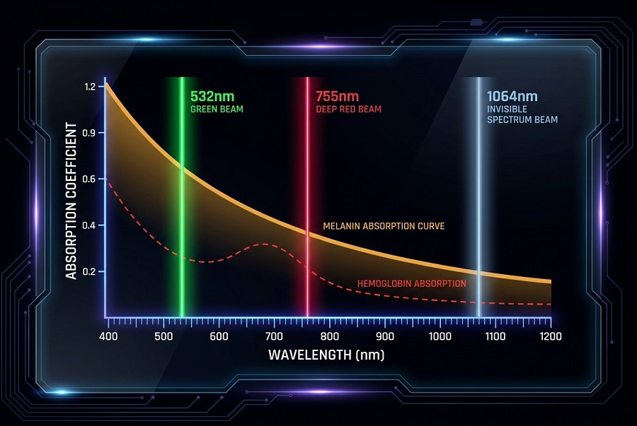 Laser wavelength melanin absorption chart showing risk levels for tattoo removal