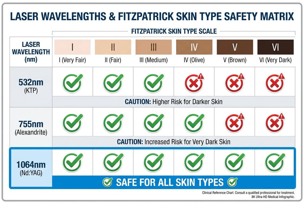 Choosing tattoo removal laser wavelengths for different Fitzpatrick skin types chart