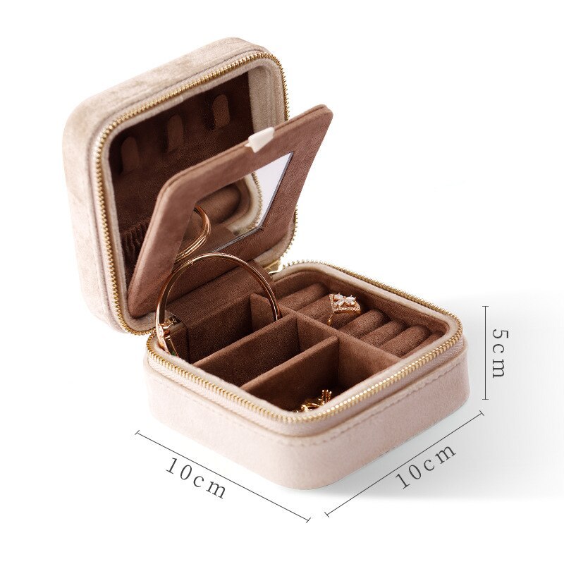 Alenvenew 2023 Flannelette Portable Travel European Necklace Velvet With Mirror Jewelry Box For Women Girls  Small