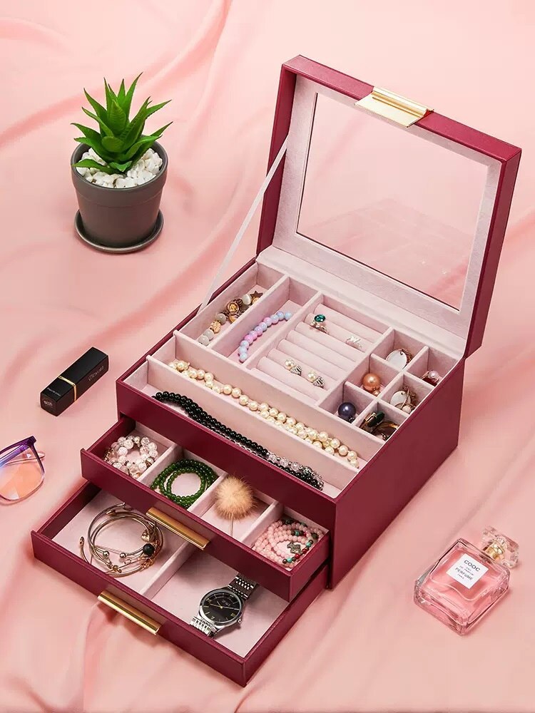 Alenvenew High Quality  Dustproof Leather Jewelry Box  3-Layer  Display Case of Rings Earrings Necklace Bracelets for Women