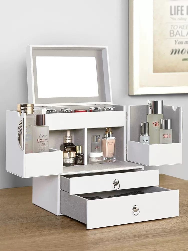 Alenvenew 2023 Skin Care Cosmetics Desktop Jewelry Integrated Shelf With Mirror Large Capacity Dresser Storage Cabinet