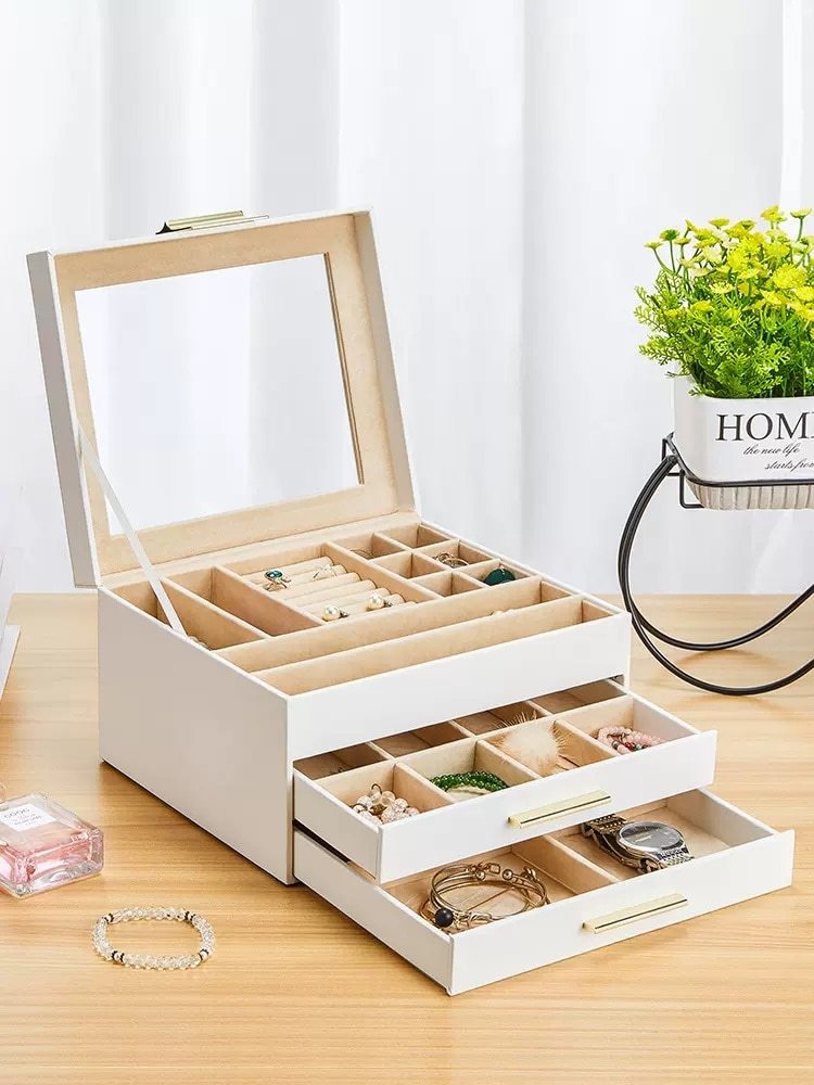 Alenvenew High Quality  Dustproof Leather Jewelry Box  3-Layer  Display Case of Rings Earrings Necklace Bracelets for Women