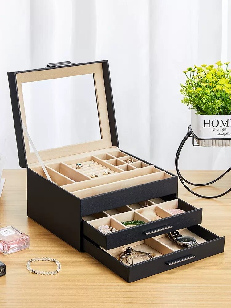 Alenvenew High Quality  Dustproof Leather Jewelry Box  3-Layer  Display Case of Rings Earrings Necklace Bracelets for Women