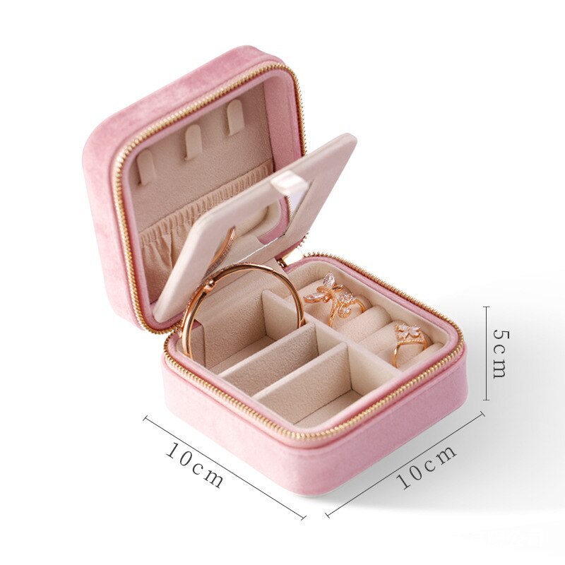 Alenvenew 2023 Flannelette Portable Travel European Necklace Velvet With Mirror Jewelry Box For Women Girls  Small