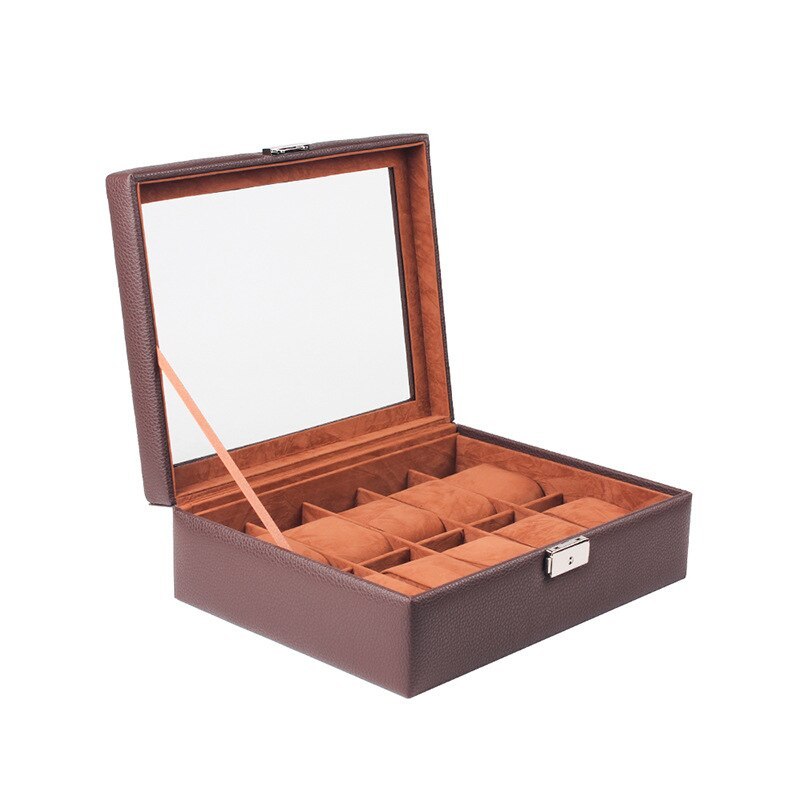 Alenvenew 2023 Brown Black PU Leather Window Double Drawer Watch Jewelry Storage Box