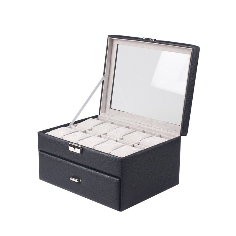 Alenvenew 2023 Brown Black PU Leather Window Double Drawer Watch Jewelry Storage Box