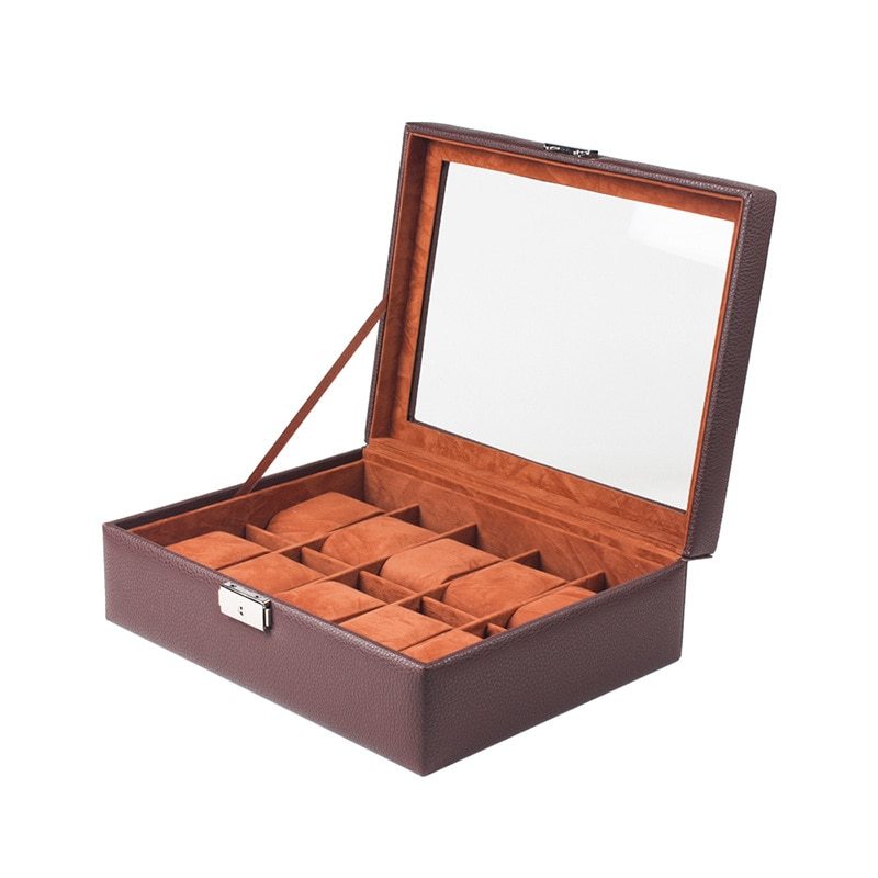 Alenvenew 2023 Brown Black PU Leather Window Double Drawer Watch Jewelry Storage Box