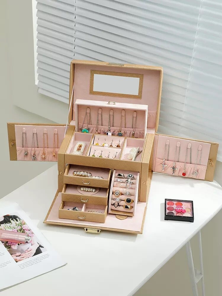 Alenvenew 2023 High Quality Large Leather Jewelry Box with Lock Necklace Bracelet Earrings High-Grade Exquisite Gold Storage