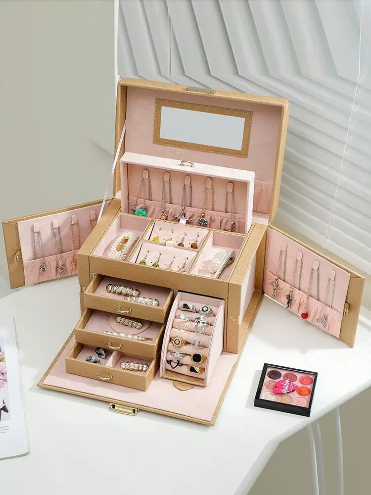 Alenvenew 2023 High Quality Large Leather Jewelry Box with Lock Necklace Bracelet Earrings High-Grade Exquisite Gold Storage