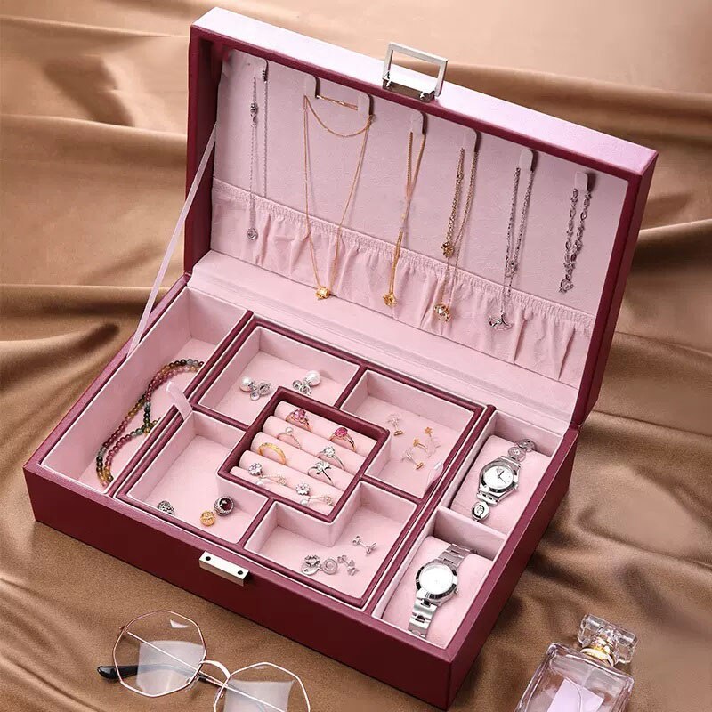 Alenvenew  2023 High Quality Jewelry Box Organizer for Women Girls 2 Layer Large  Case  Leather Display Storage