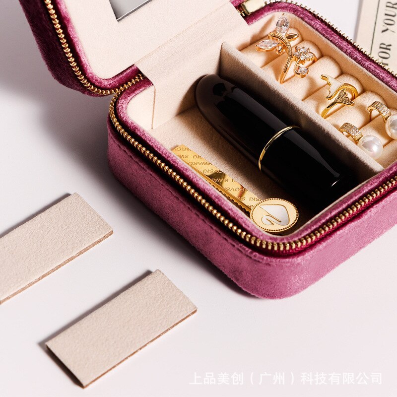 Alenvenew 2023 Flannelette Portable Travel European Necklace Velvet With Mirror Jewelry Box For Women Girls  Small