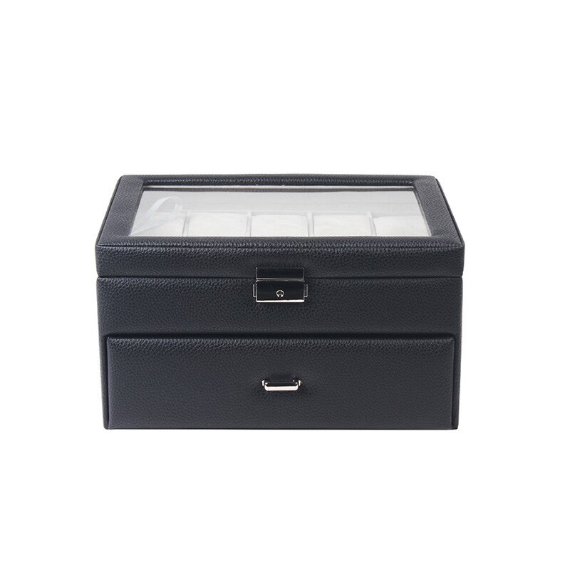 Alenvenew 2023 Brown Black PU Leather Window Double Drawer Watch Jewelry Storage Box