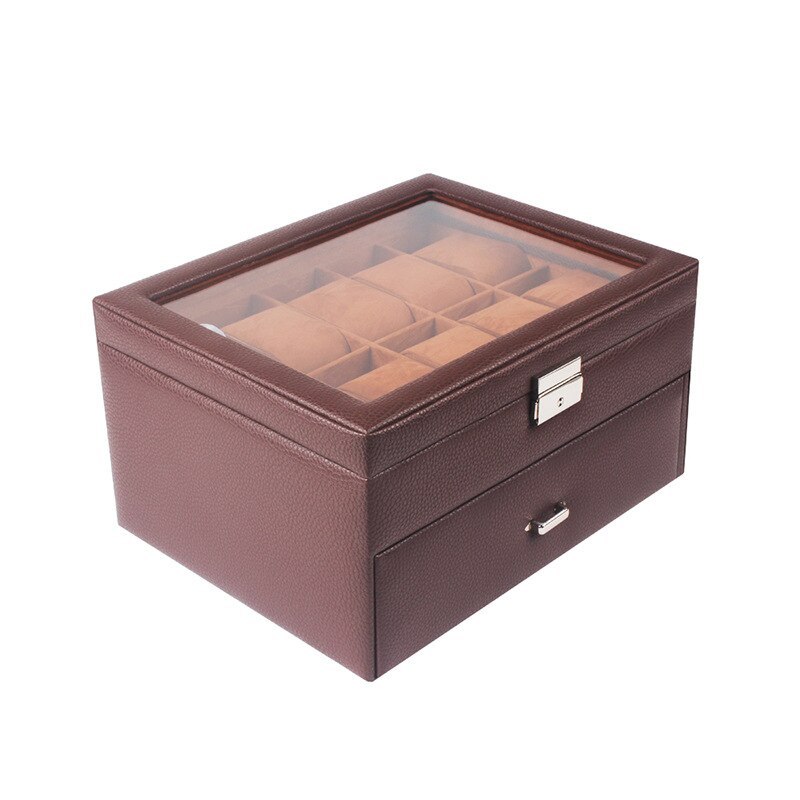 Alenvenew 2023 Brown Black PU Leather Window Double Drawer Watch Jewelry Storage Box