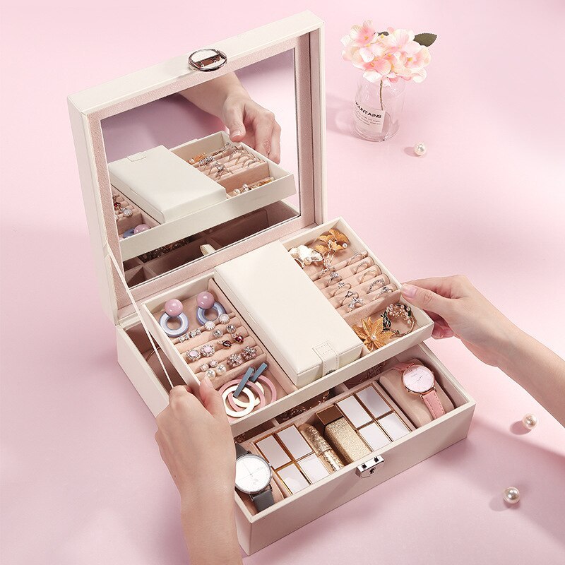 Alenvenew New High Quality Jewelry Box for Women Girls Large Capacity Organizer  Storage for Earrings Necklace With Mirror
