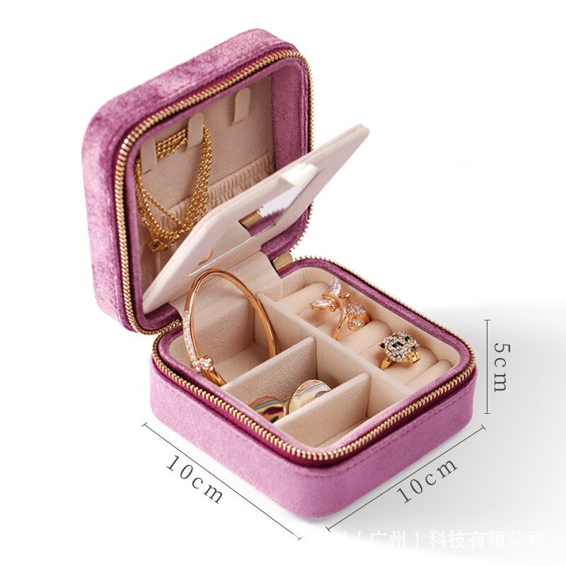 Alenvenew 2023 Flannelette Portable Travel European Necklace Velvet With Mirror Jewelry Box For Women Girls  Small