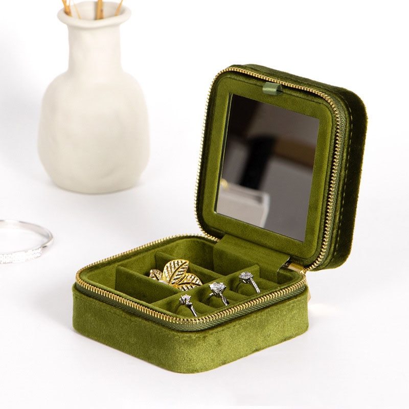Alenvenew Flannelette Jewelry Travel Box for Women Girls Flocking Portable High-Grade Storage With Mirror