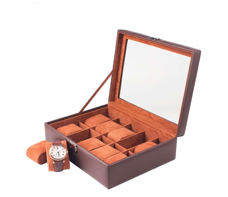 Alenvenew 2023 Brown Black PU Leather Window Double Drawer Watch Jewelry Storage Box