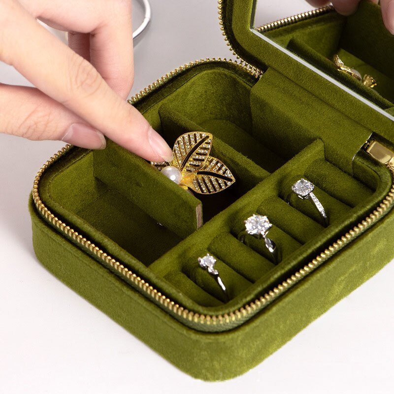Alenvenew Flannelette Jewelry Travel Box for Women Girls Flocking Portable High-Grade Storage With Mirror