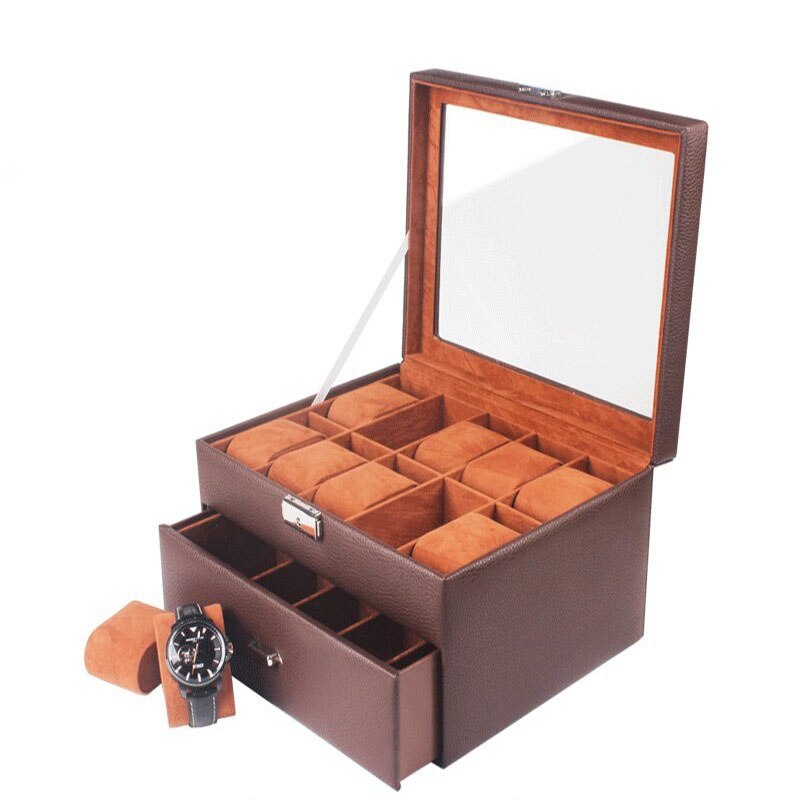 Alenvenew 2023 Brown Black PU Leather Window Double Drawer Watch Jewelry Storage Box