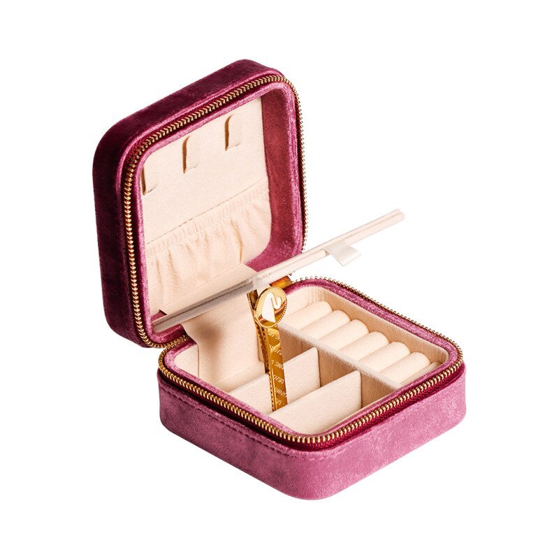 Alenvenew 2023 Flannelette Portable Travel European Necklace Velvet With Mirror Jewelry Box For Women Girls  Small