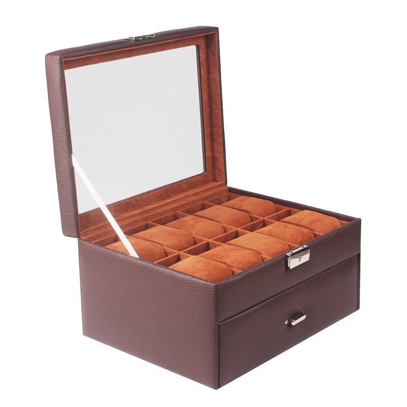 Alenvenew 2023 Brown Black PU Leather Window Double Drawer Watch Jewelry Storage Box