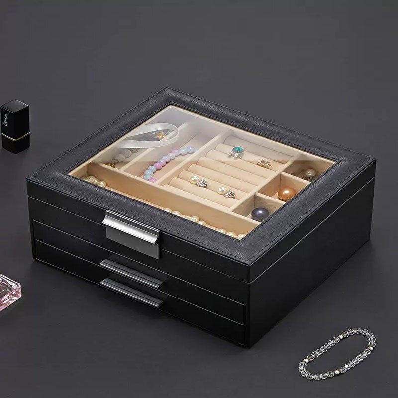 Alenvenew High Quality  Dustproof Leather Jewelry Box  3-Layer  Display Case of Rings Earrings Necklace Bracelets for Women